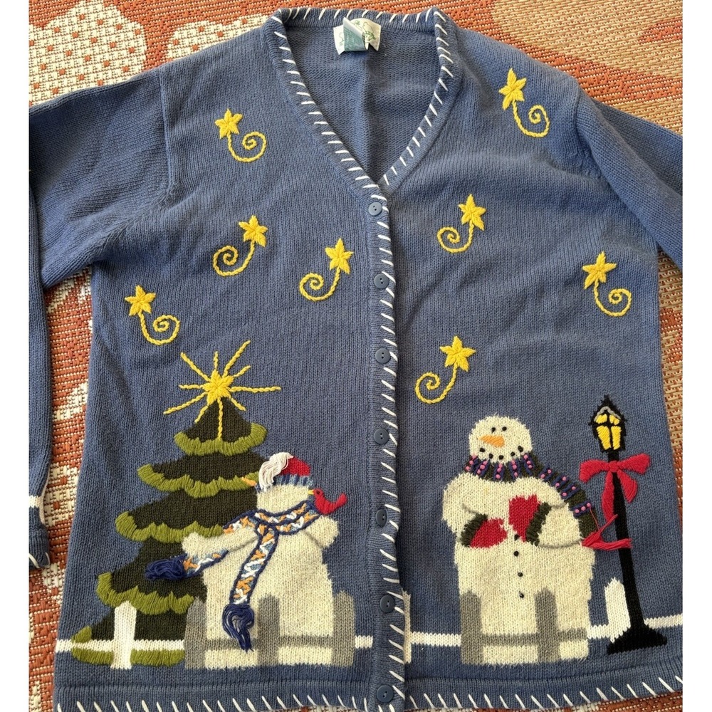 Quacker Factory Winter Christmas Blue Snowmen Cardigan Sweater Sz M Unique A1311
